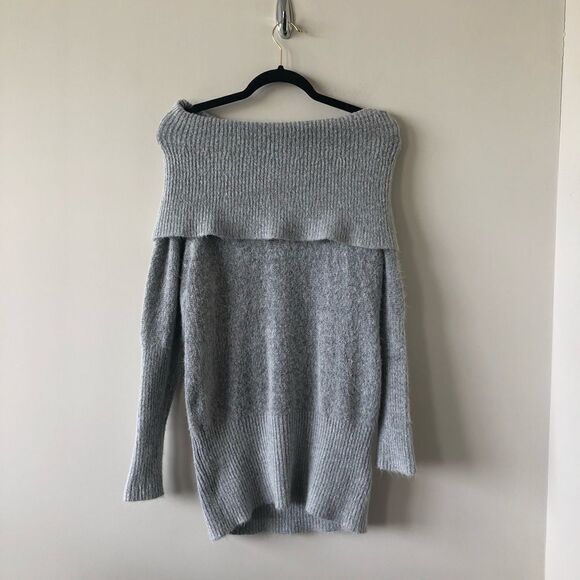 Olivaceous Grey Off Shoulder Soft Cozy Sweater - Picture 2 of 8